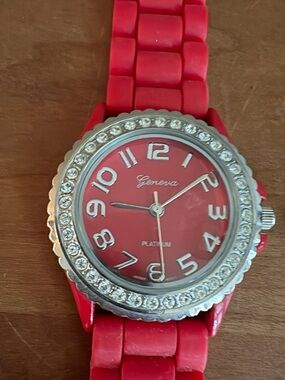 Geneva Platinum Red Dial Crystal Bezel Red Rubber Band Watch - needs Battery
